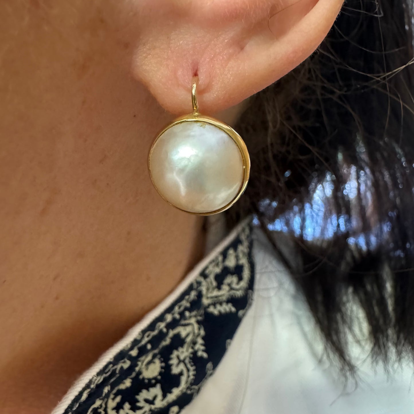 14K gold drop earrings set with flat coin pearls