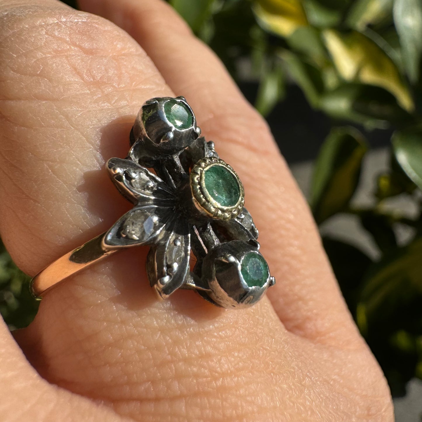 14K gold ring set with Emerald & Diamonds