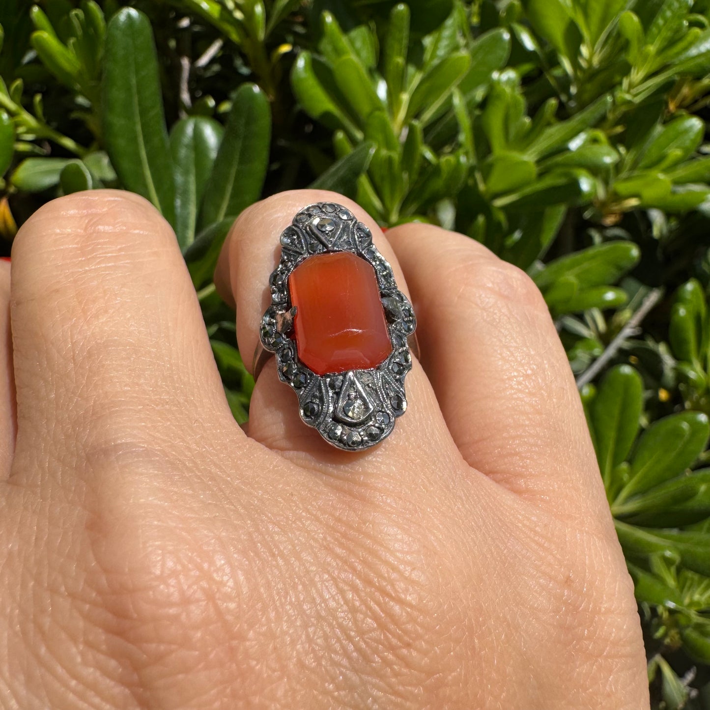 10K gold & Silver ring set with rich orange-red Carnelian & Diamonds