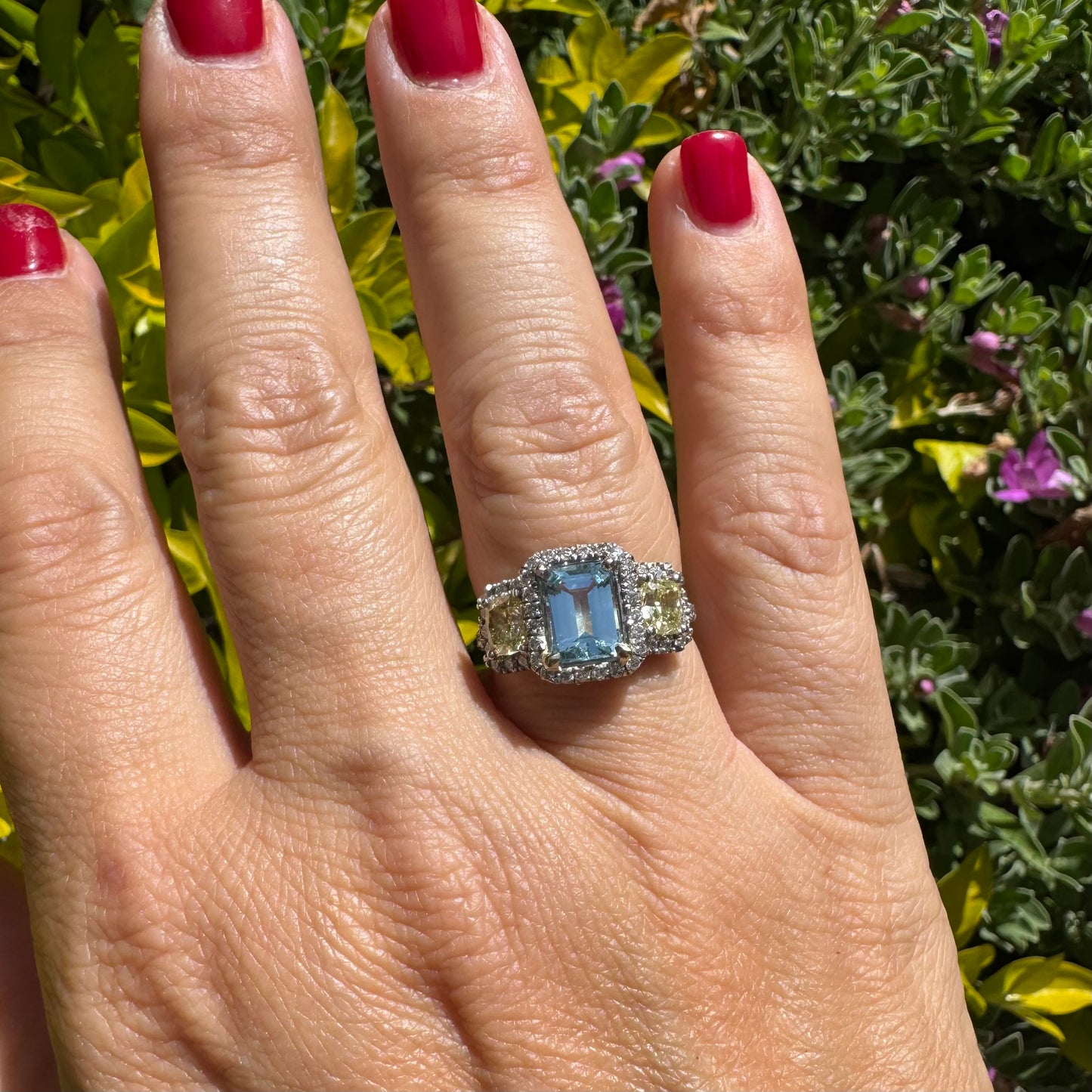 14K Gold Ring Set with Aquamarine & Yellow Diamonds & Diamonds