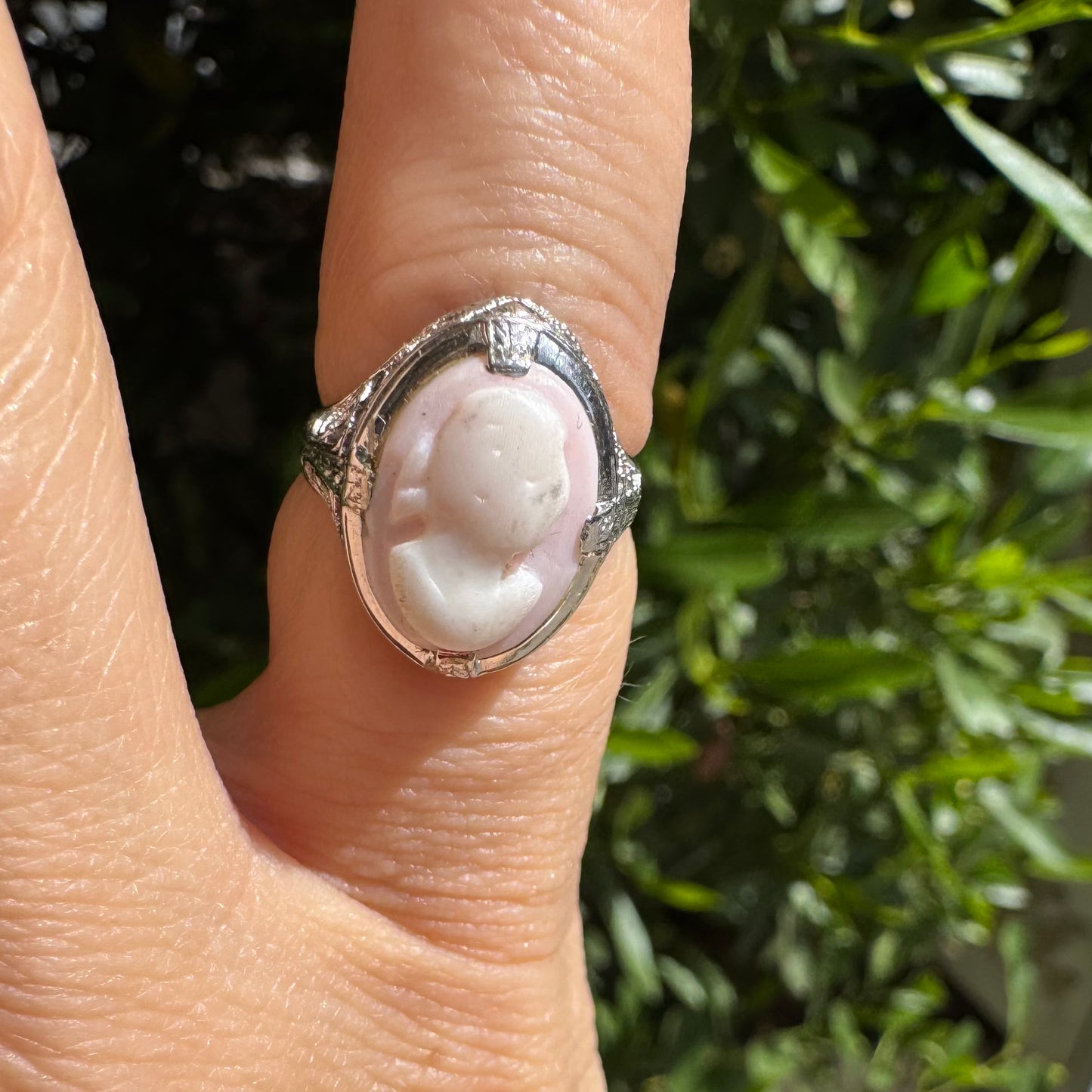 Platinum Cameo Ring set with a soft pink and white portrait