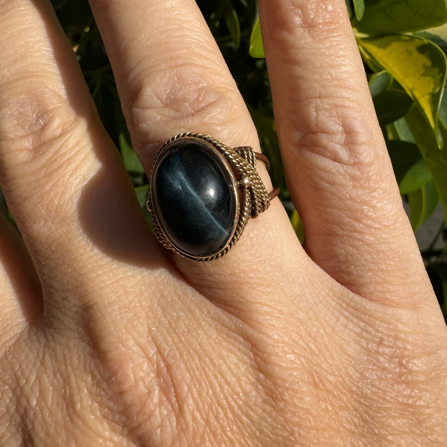 14K gold ring set with Black Jade