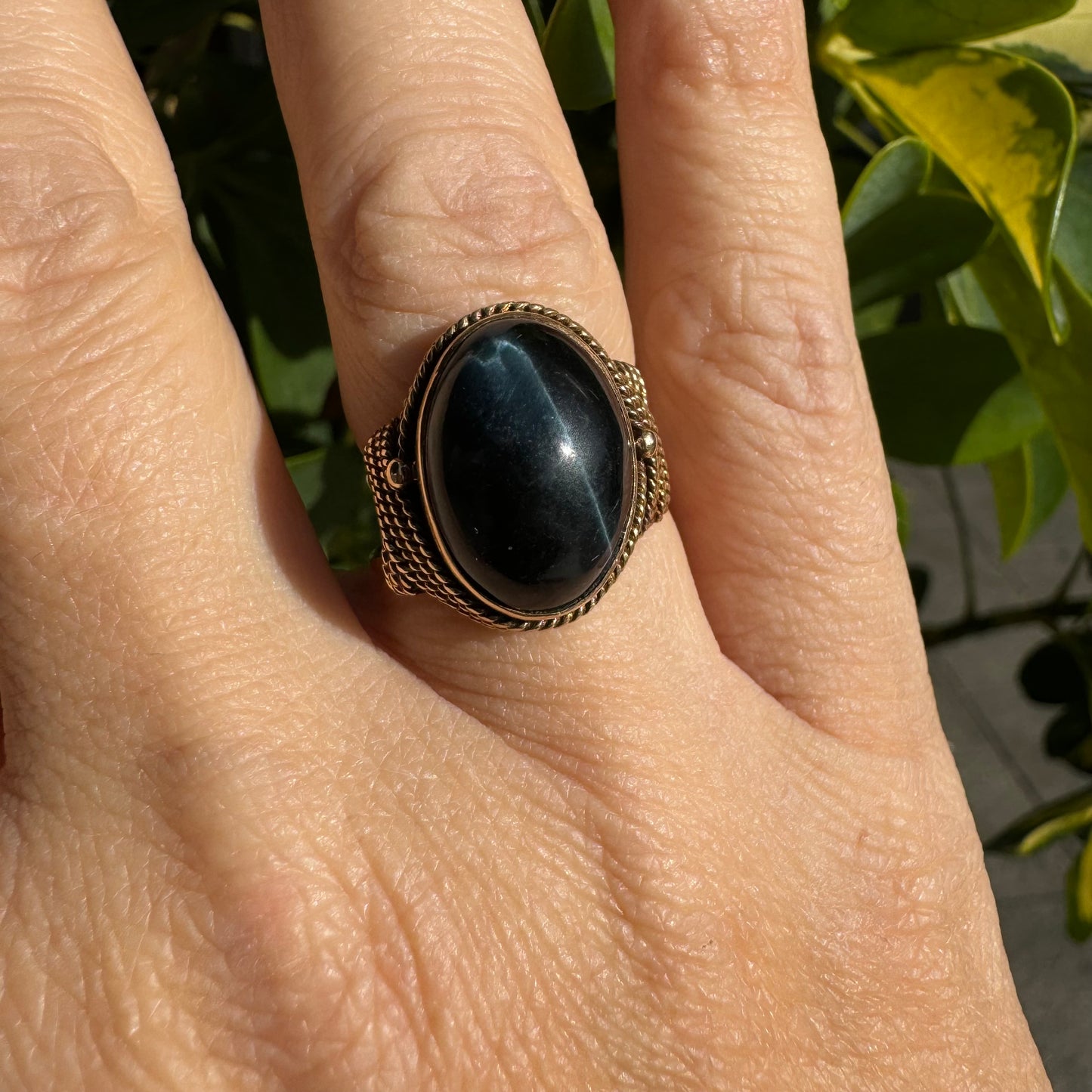 14K gold ring set with Black Jade