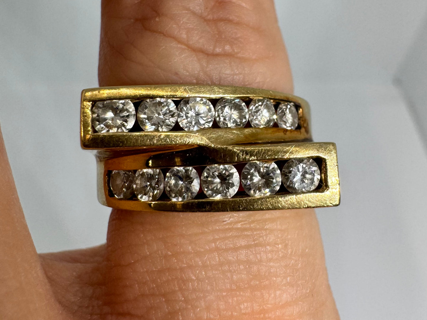 14K gold ring set with two parallel Diamond-set rows