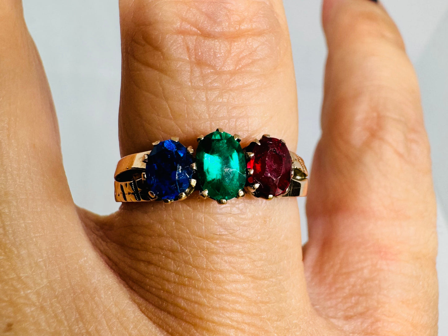 14K gold ring set with Ruby, Emerald & Sapphire