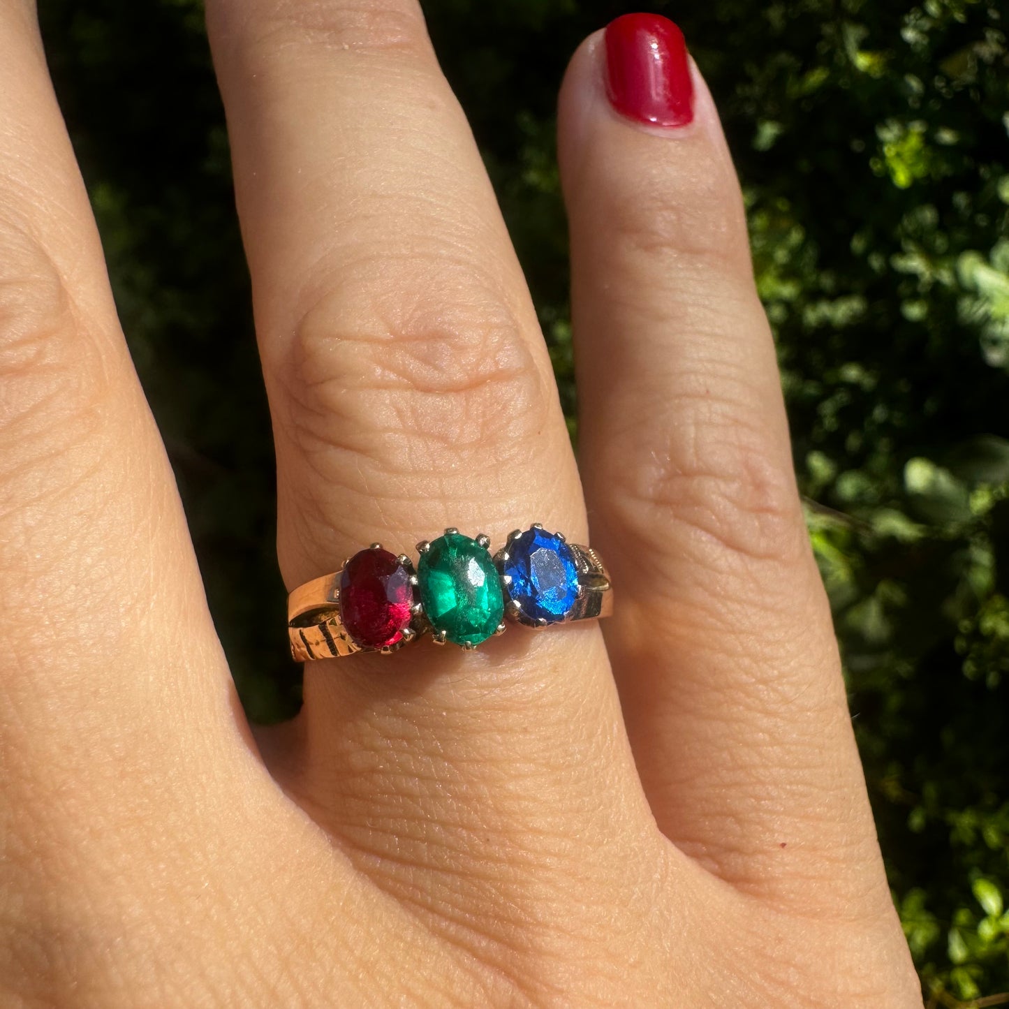 14K gold ring set with Ruby, Emerald & Sapphire