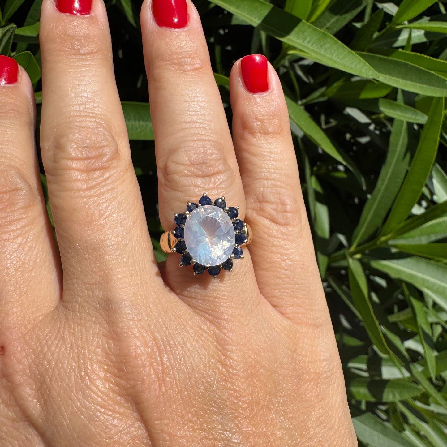 10K gold ring set with Light pink gemstone & Sapphire