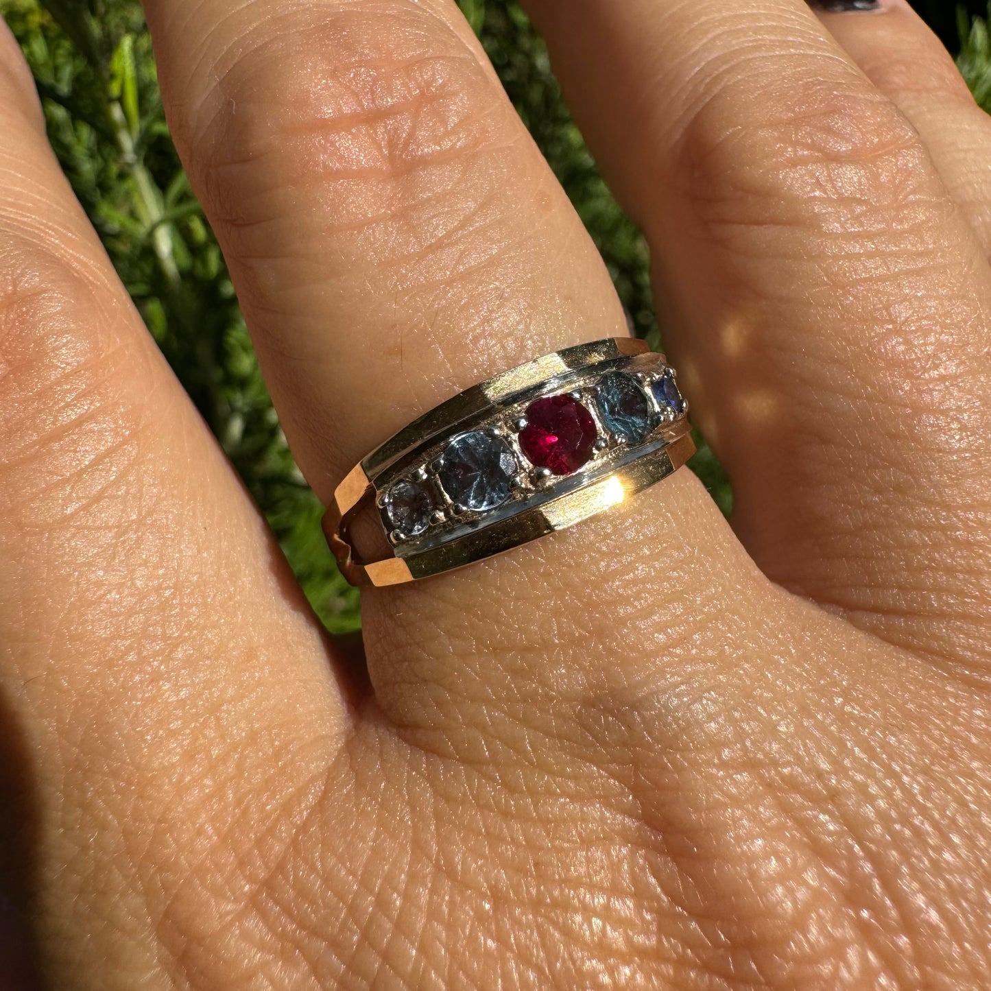 10K gold ring set with three stones-Ruby, Blue Topaz & Sapphire