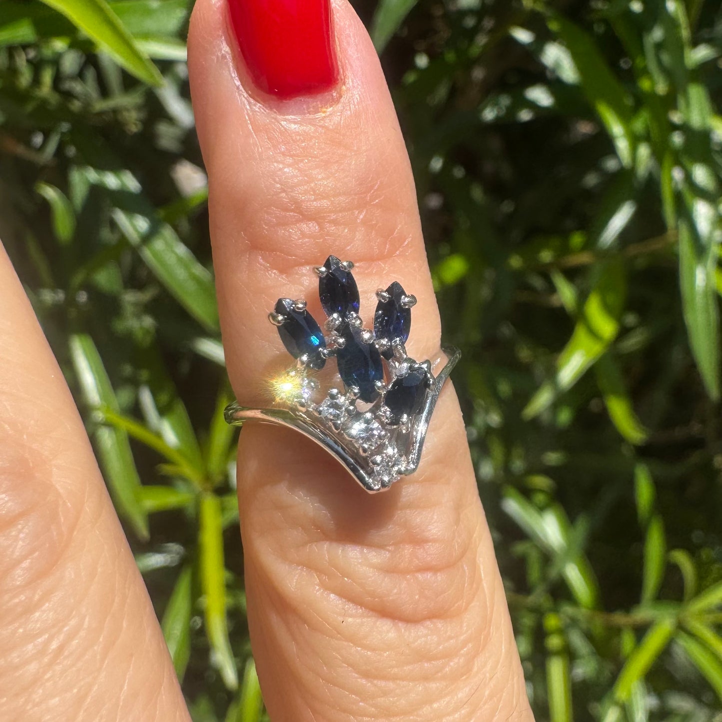 14K gold ring set with marquise-cut deep blue sapphires & Diamonds