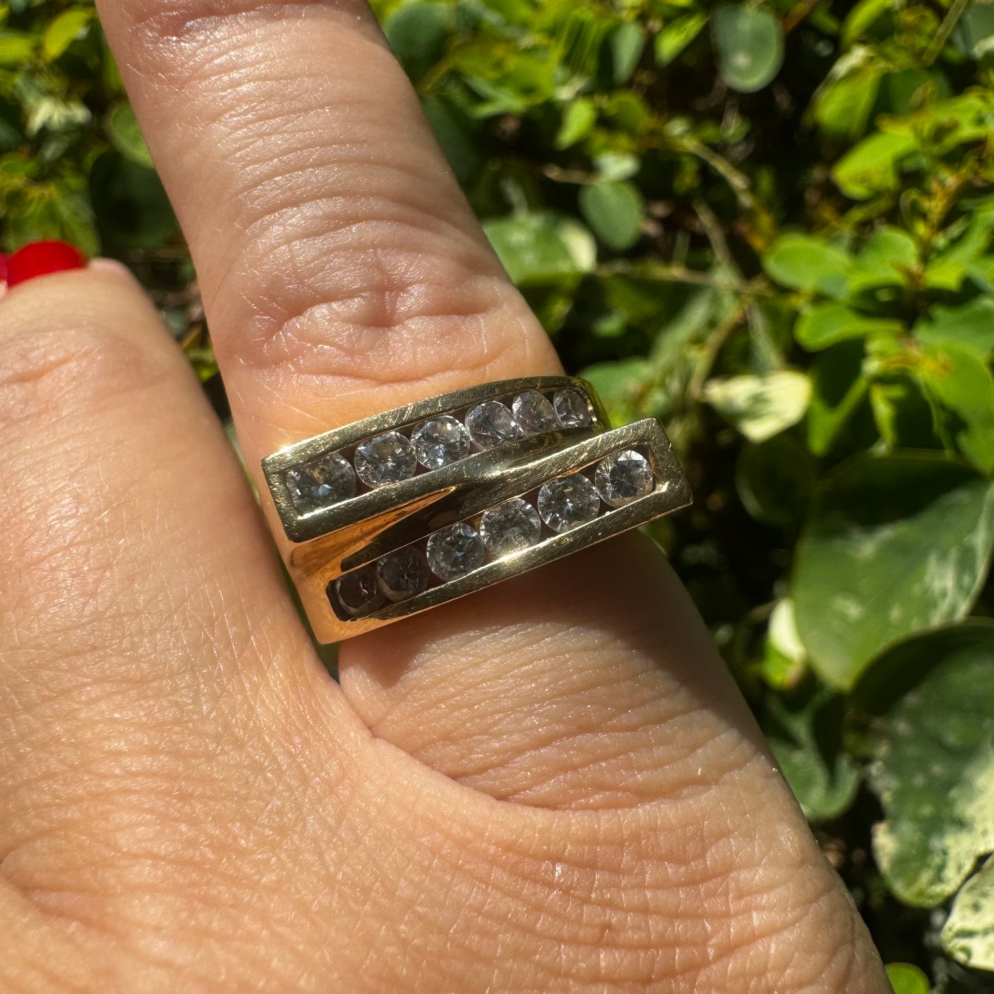 14K gold ring set with two parallel Diamond-set rows