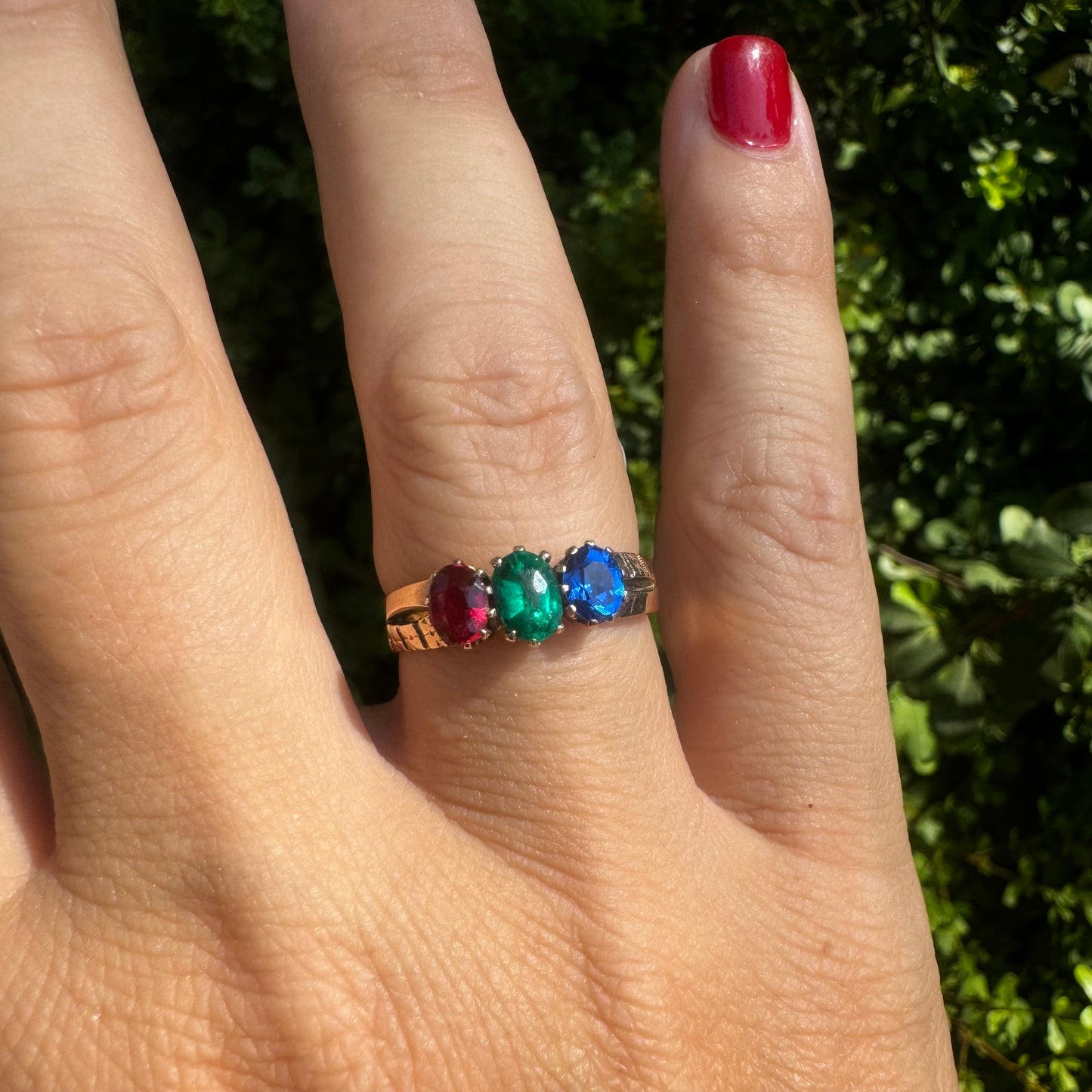 14K gold ring set with Ruby, Emerald & Sapphire