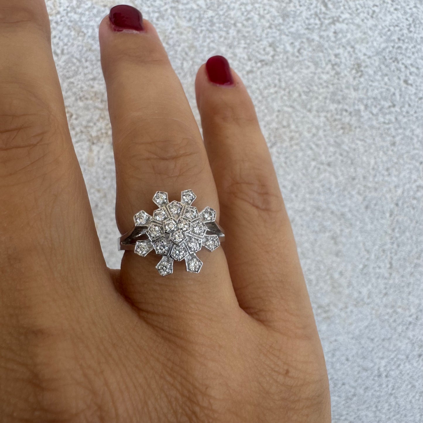 14K white gold ring set with Diamonds in a floral geometric pattern
