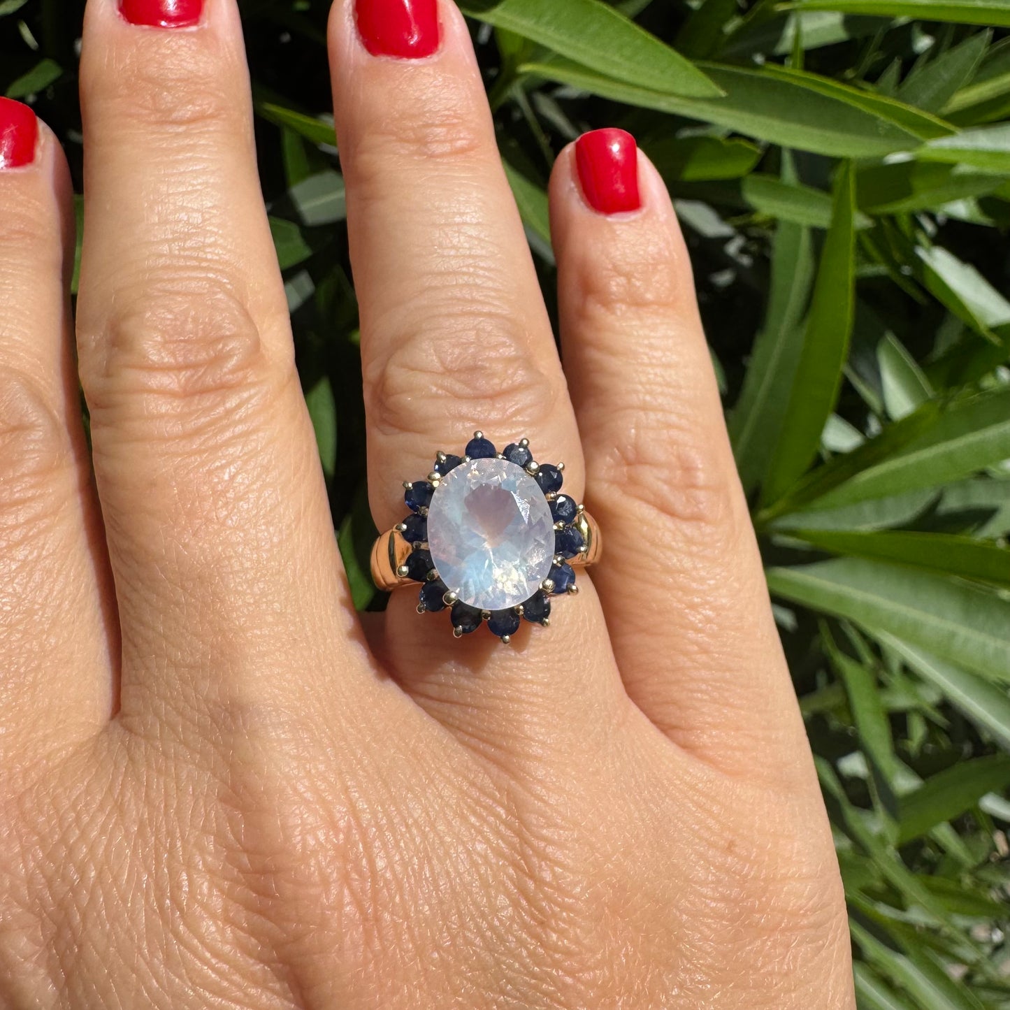 10K gold ring set with Light pink gemstone & Sapphire