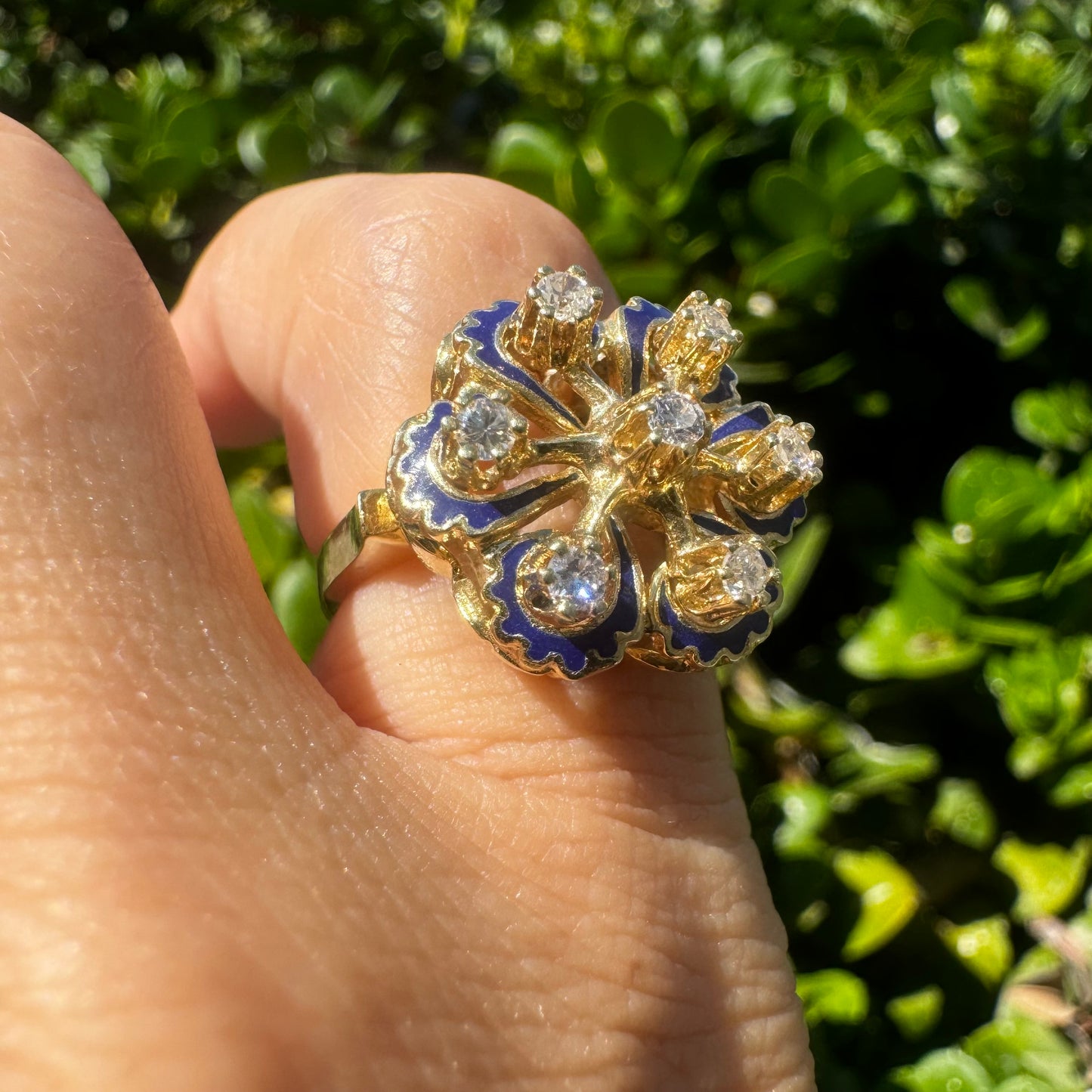 14K gold ring set with Diamonds & Blue Enamel