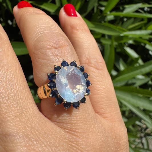 10K gold ring set with Light pink gemstone & Sapphire