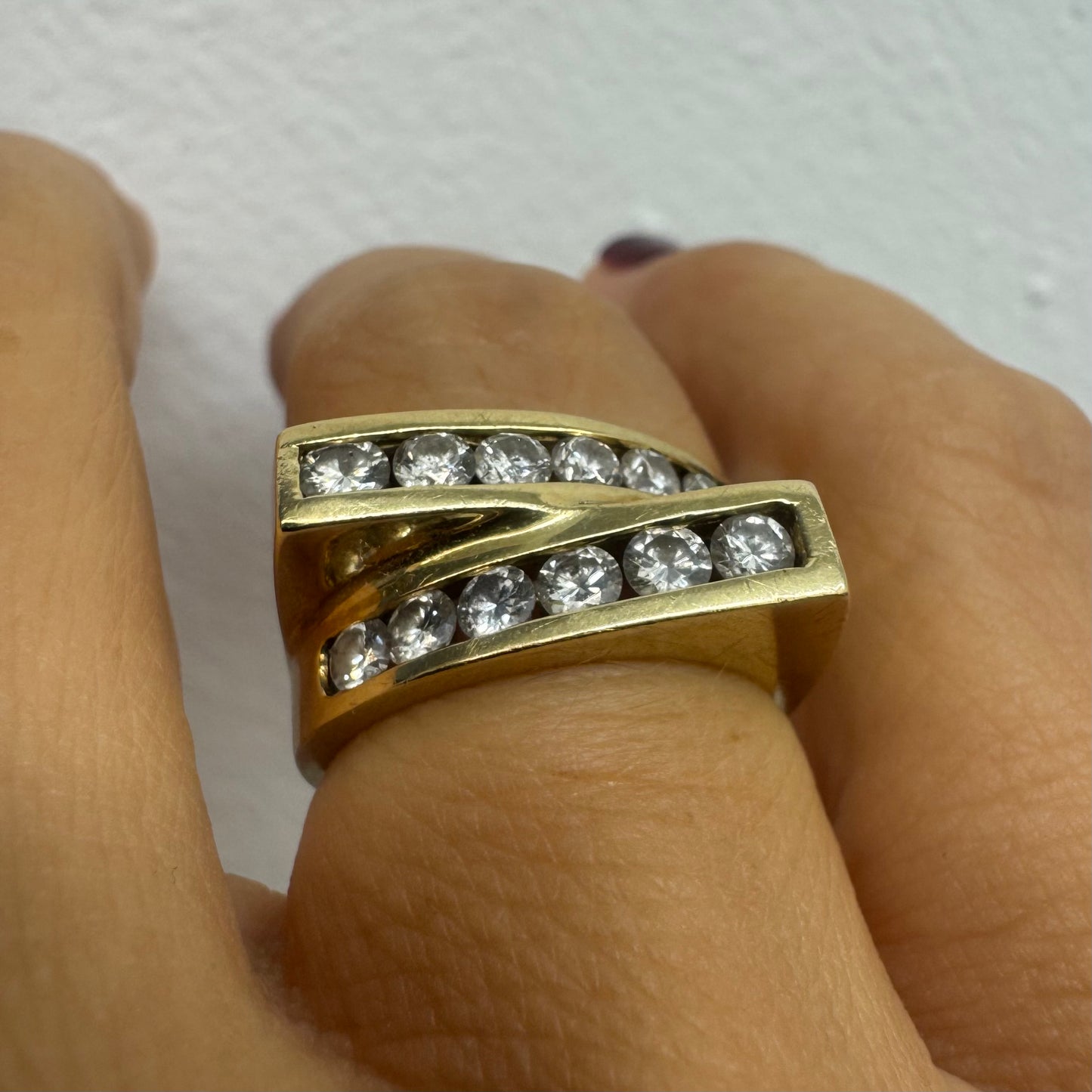 14K gold ring set with two parallel Diamond-set rows