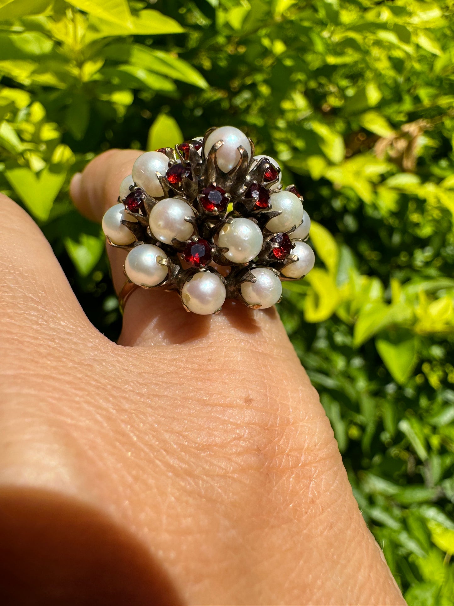 14K gold ring set with Pearls and fiery red Garnets