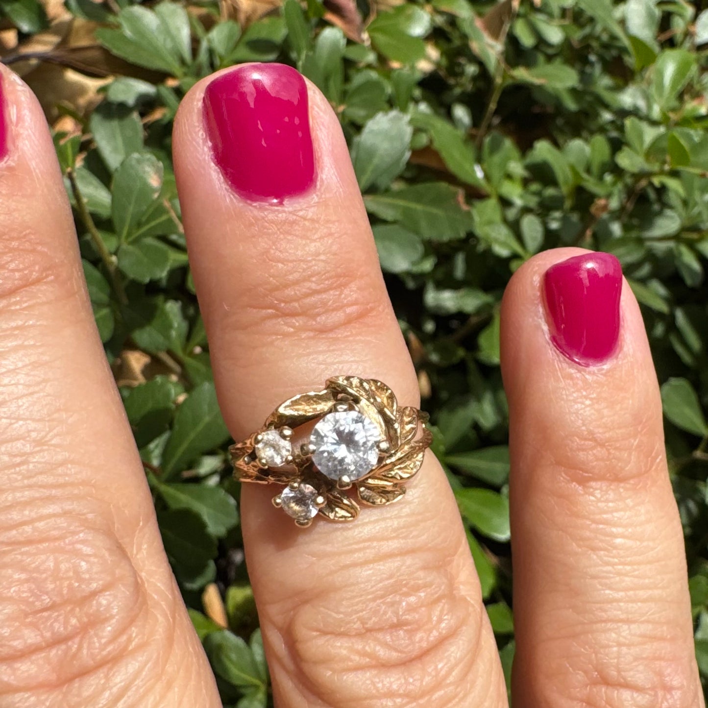 14K gold leaf ring with Sparkling transparent Stones