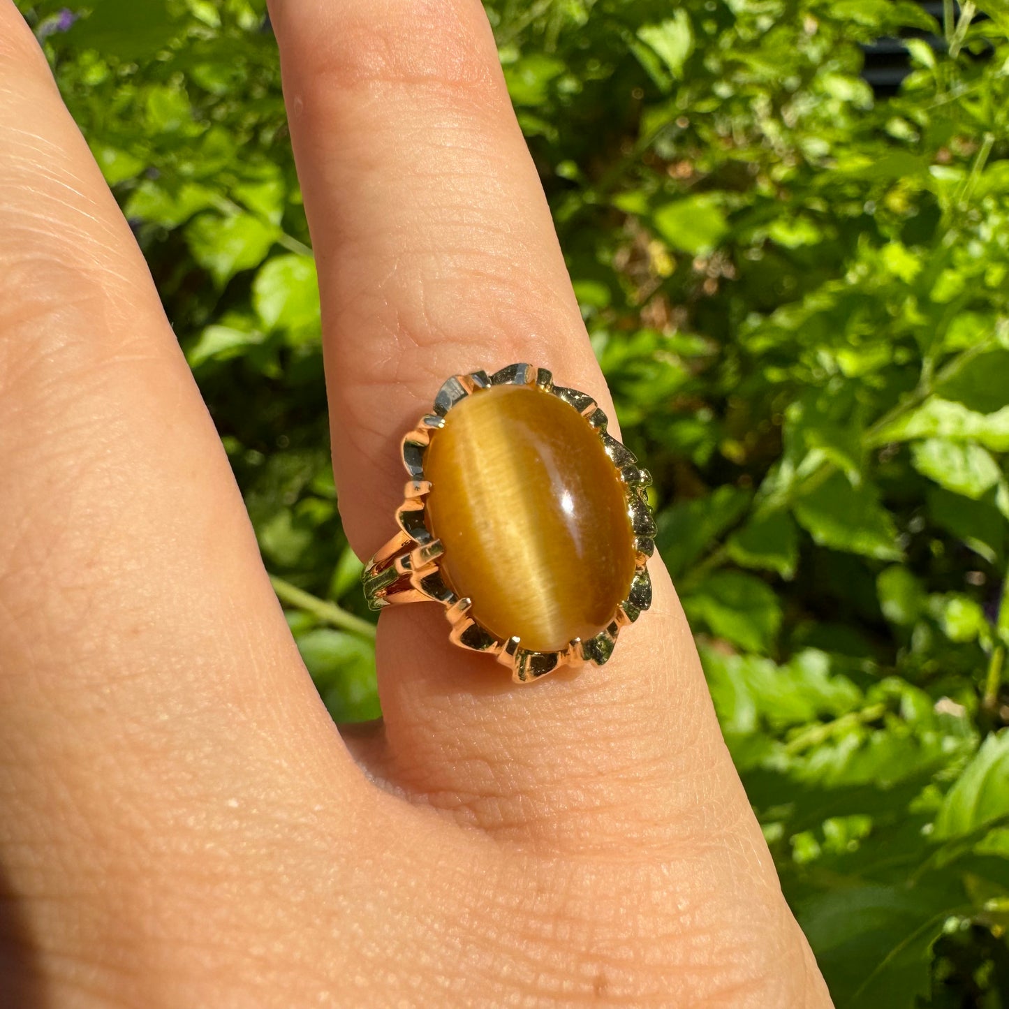 14K gold ring set with a yellow Tiger’s Eye cabochon