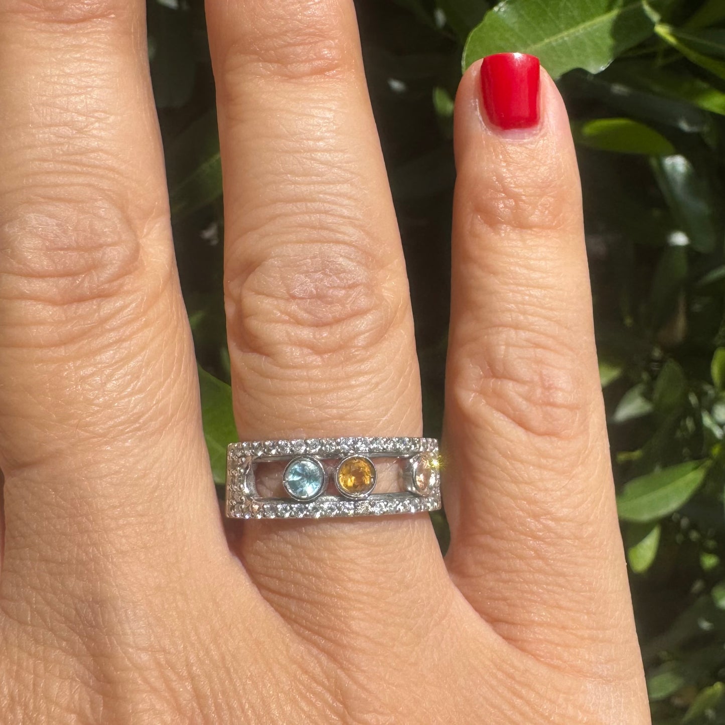 14K gold ring set with Aquamarine, Citrine and Rose Quartz, framed by a pave’ of sparkling diamonds