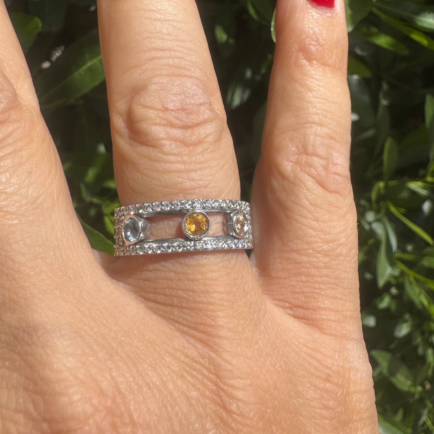 14K gold ring set with Aquamarine, Citrine and Rose Quartz, framed by a pave’ of sparkling diamonds