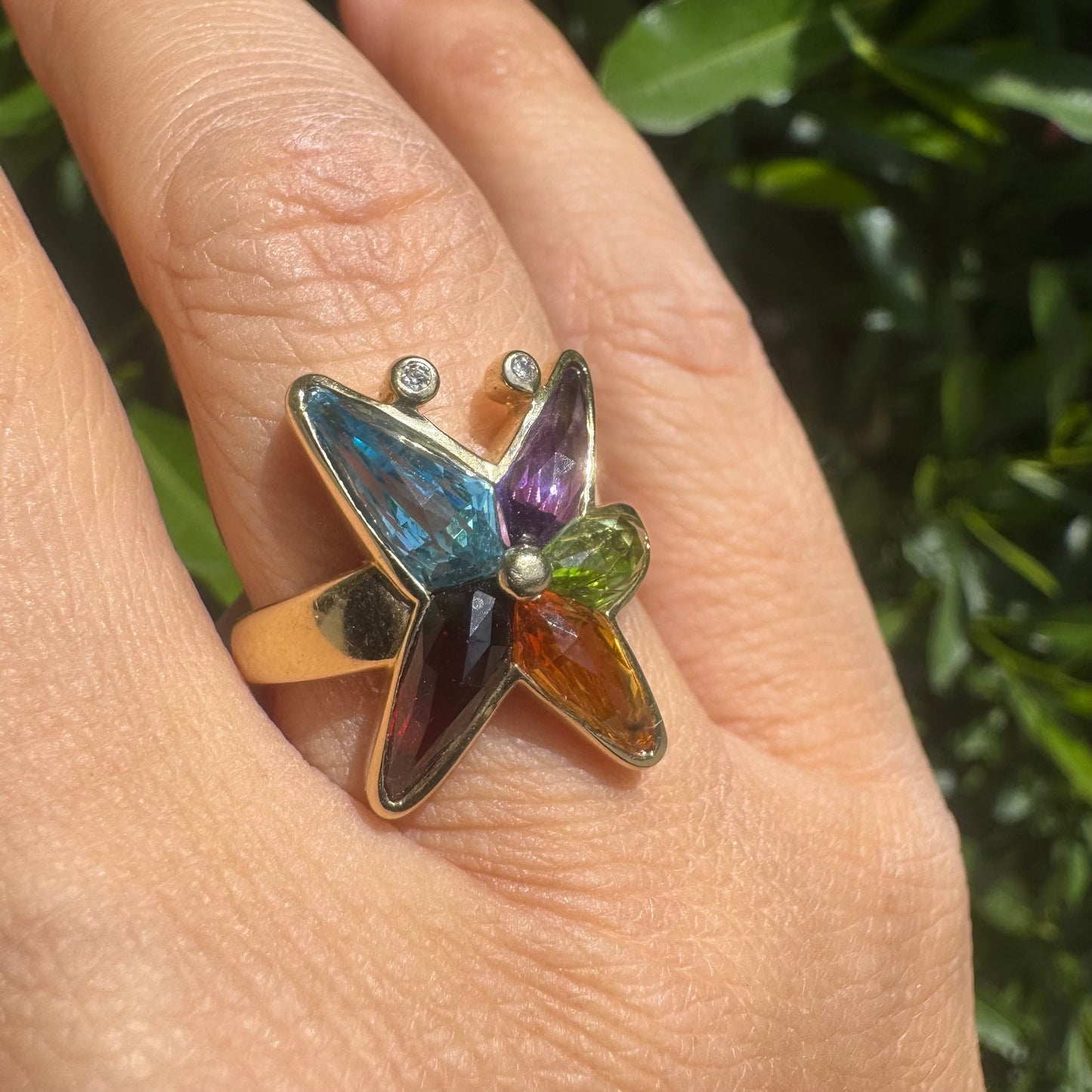 14K gold ring set with colorful gemstones in a butterfly design & Diamonds