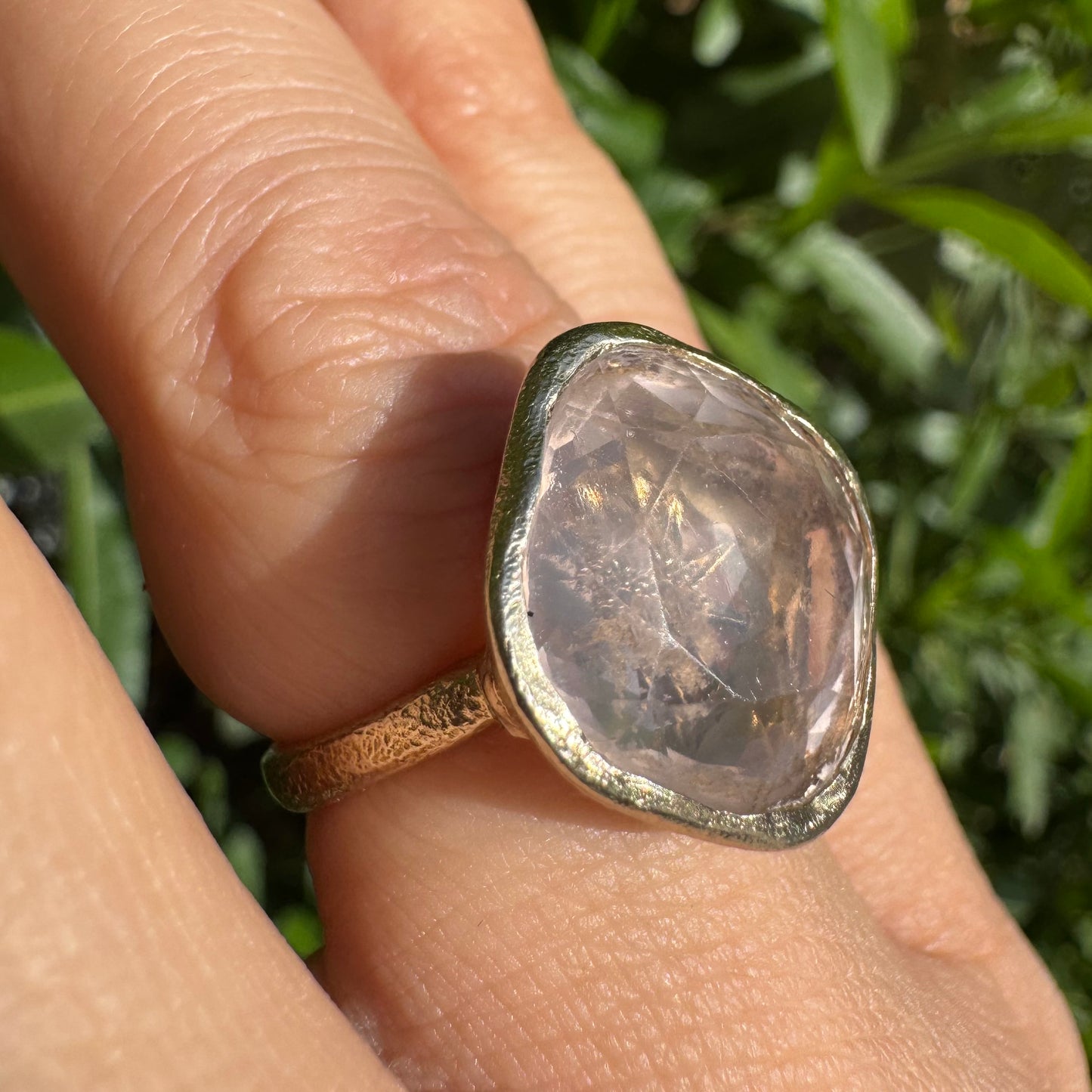 18K gold H.Stern ring set with a translucent Rose Quartz in a flat, cushion-style cut