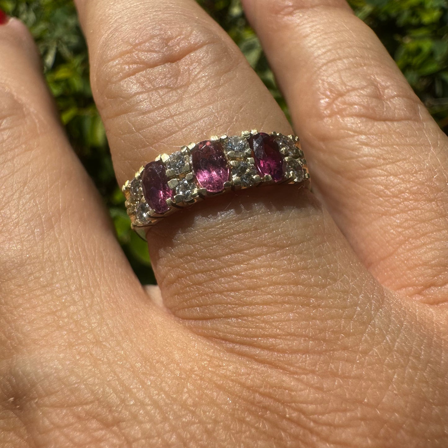 14K gold ring set with oval Pink Tourmalines and round brilliant-cut Diamonds