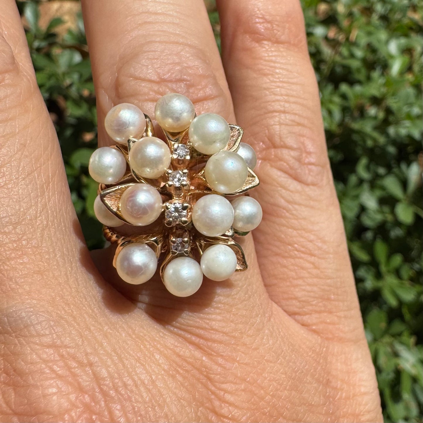 14K gold cocktail ring set with Pearls and Diamonds