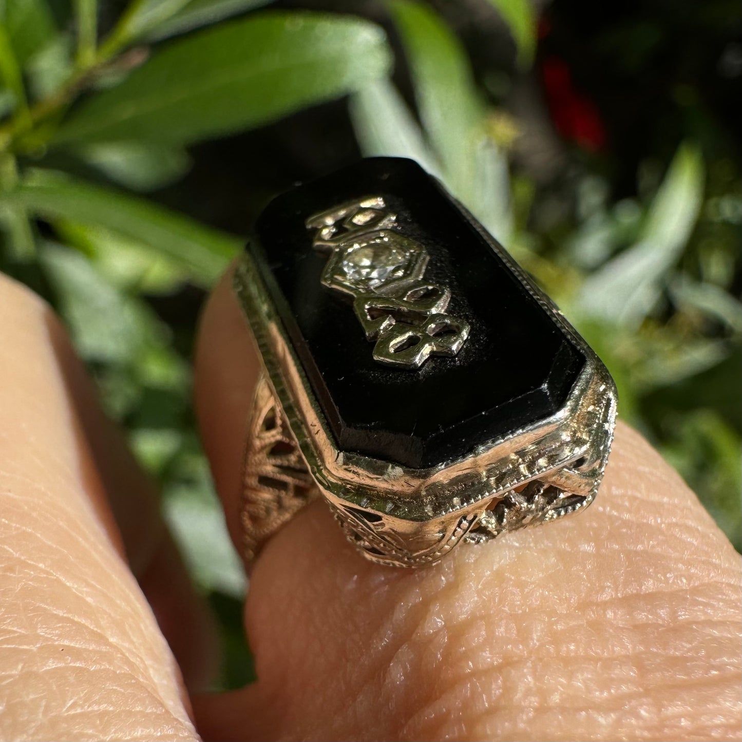 14K gold College “1928” ring set with Onyx & Diamond