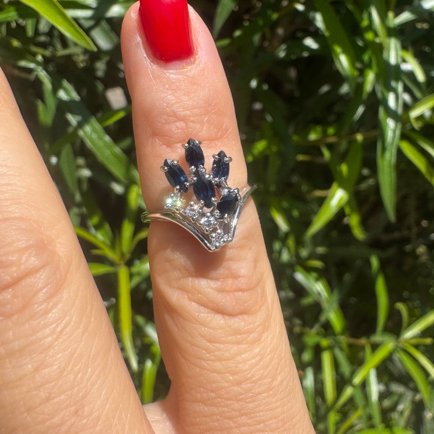 14K gold ring set with marquise-cut deep blue sapphires & Diamonds