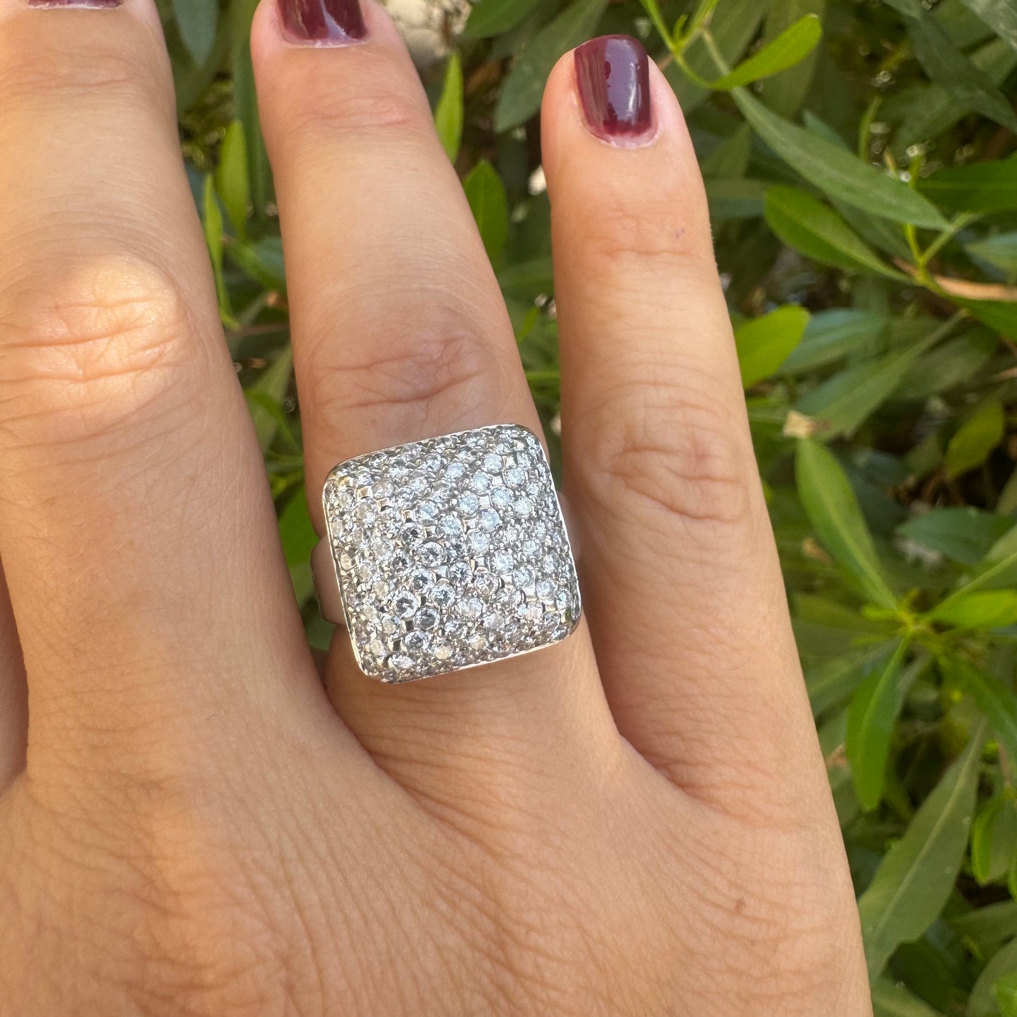 18K gold ring featuring a large square top fully set with sparkling pavé Diamonds, creating a dazzling and elegant statement piece.