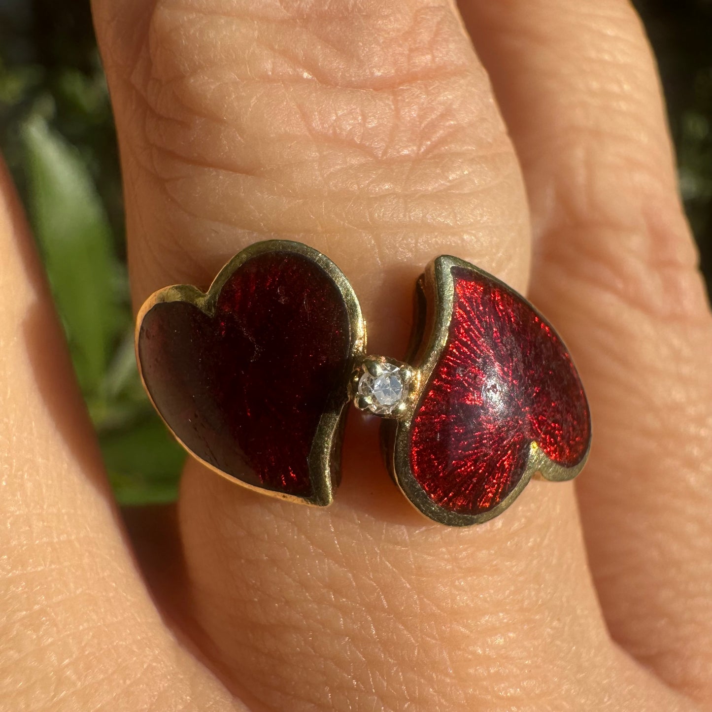 14K gold ring “Two Hearts” set with red enamel & one center Diamond