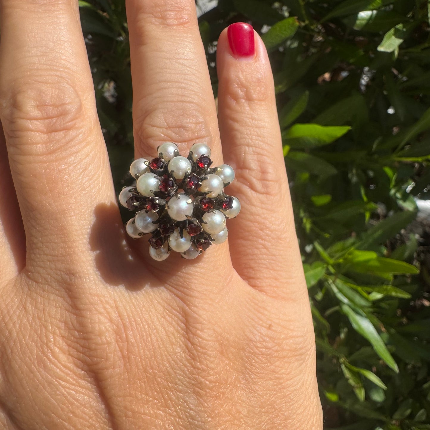 14K gold ring set with Pearls and fiery red Garnets