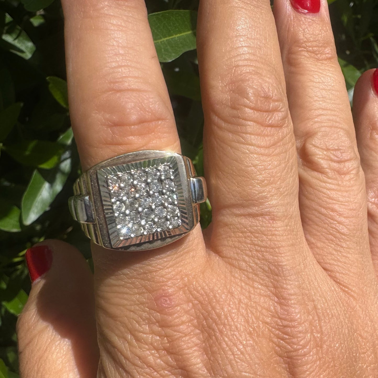 14K gold ring set with brilliant pavé diamonds in a bold square design