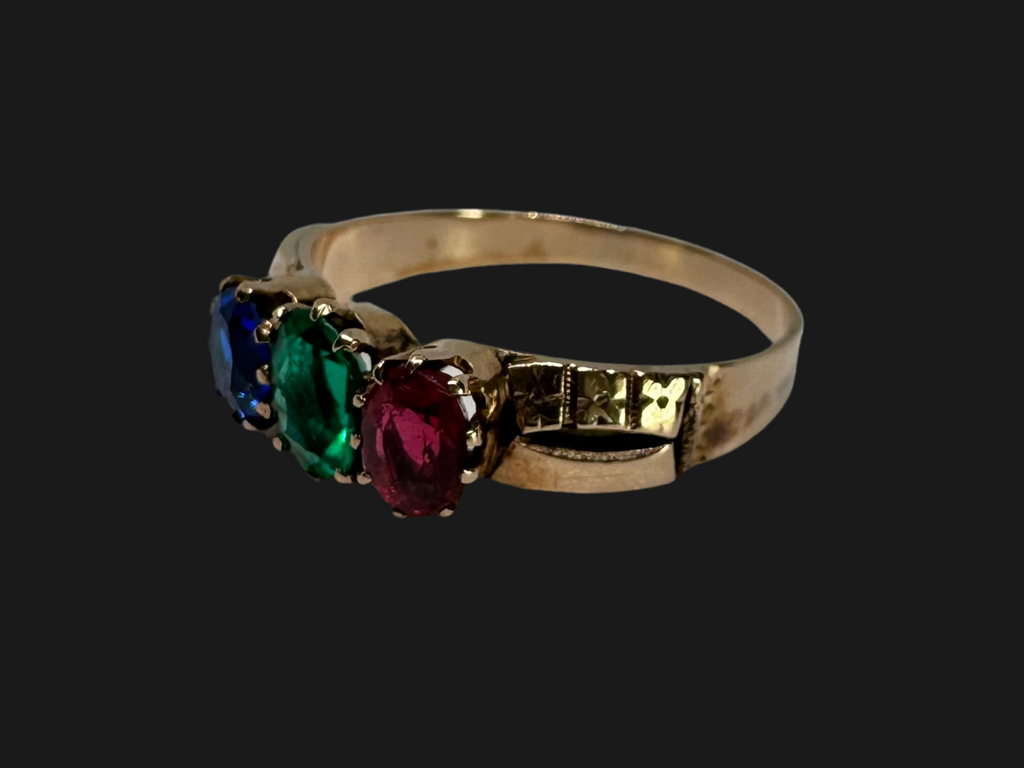 14K gold ring set with Ruby, Emerald & Sapphire