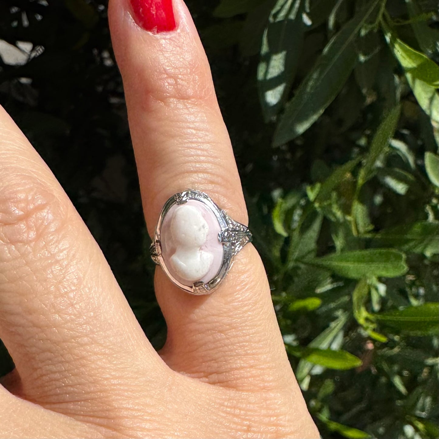Platinum Cameo Ring set with a soft pink and white portrait