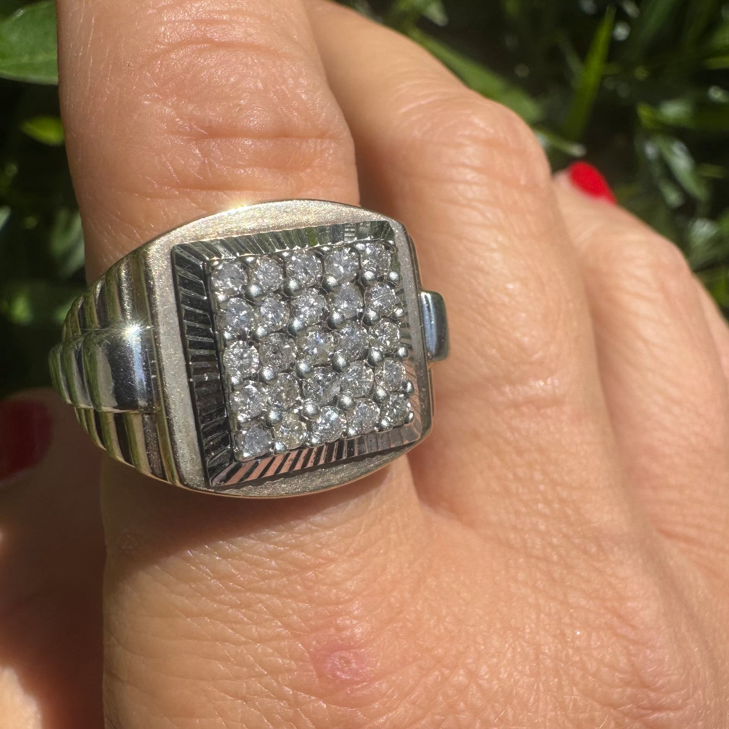 14K gold ring set with brilliant pavé diamonds in a bold square design