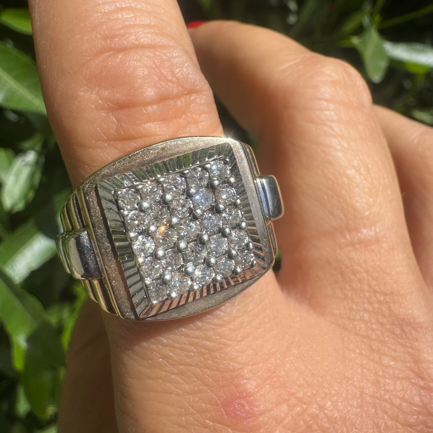 14K gold ring set with brilliant pavé diamonds in a bold square design