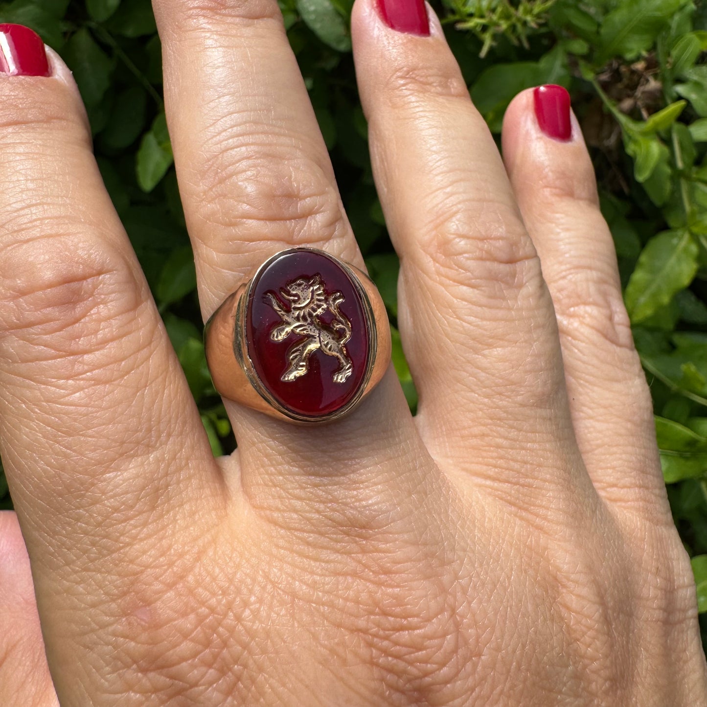 14K gold signet ring set with a smooth deep red stone set with a golden lion motif