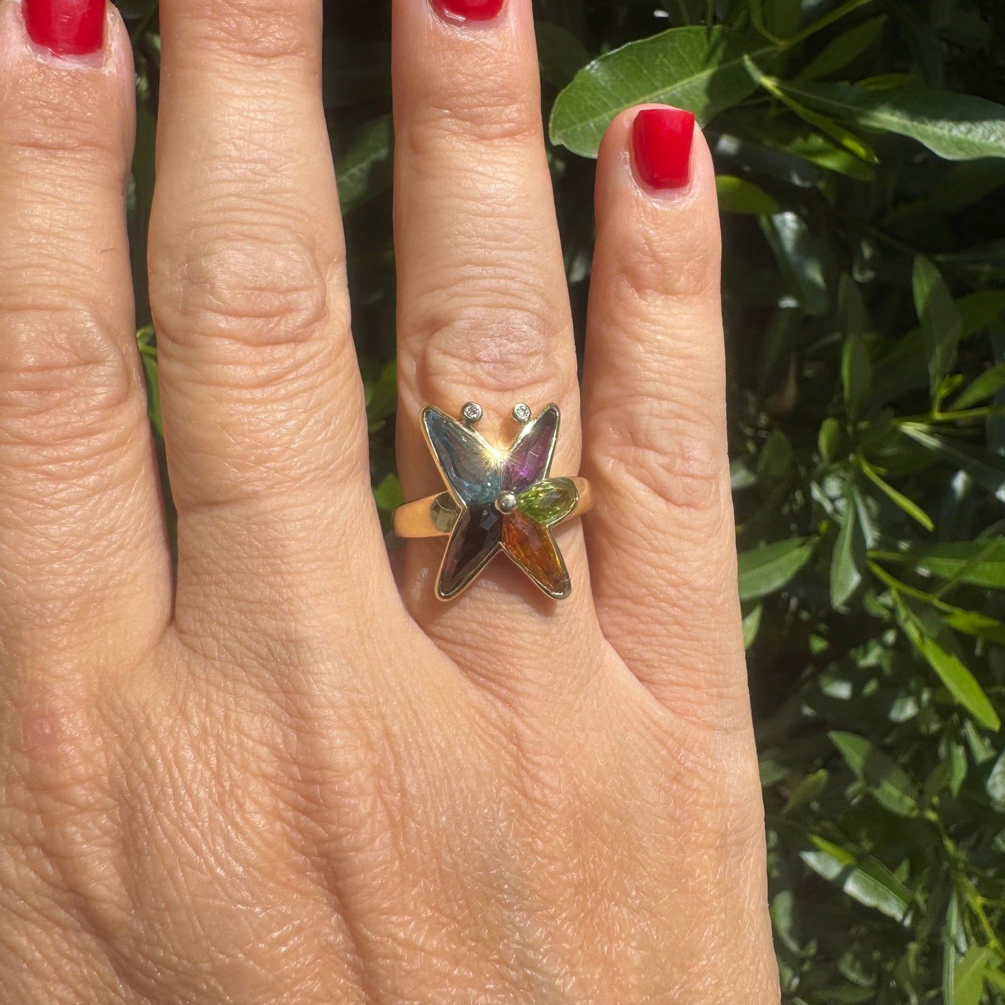 14K gold ring set with colorful gemstones in a butterfly design & Diamonds