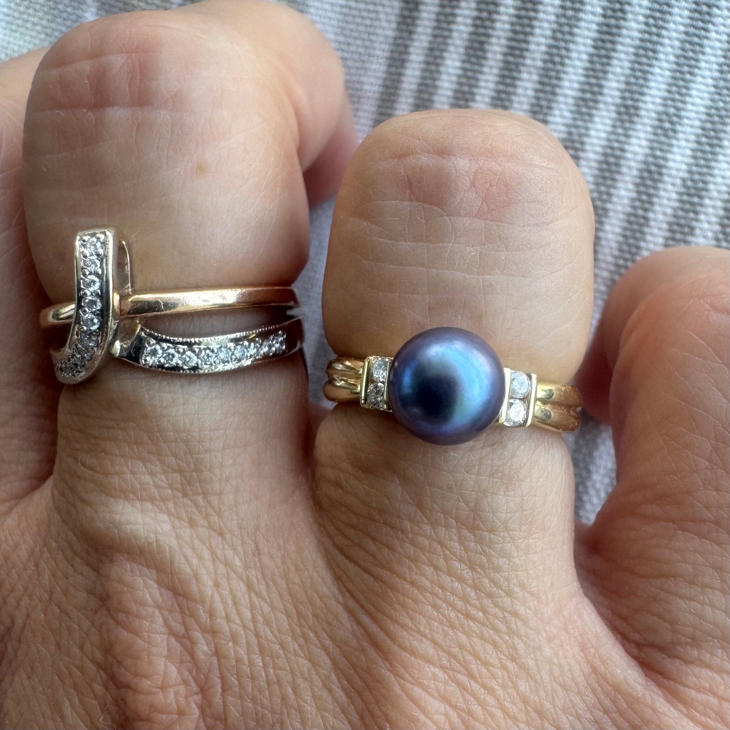 18K two-tone gold (rose & white) crossover ring featuring a row of sparkling Diamonds along each band, creating an elegant and modern design.