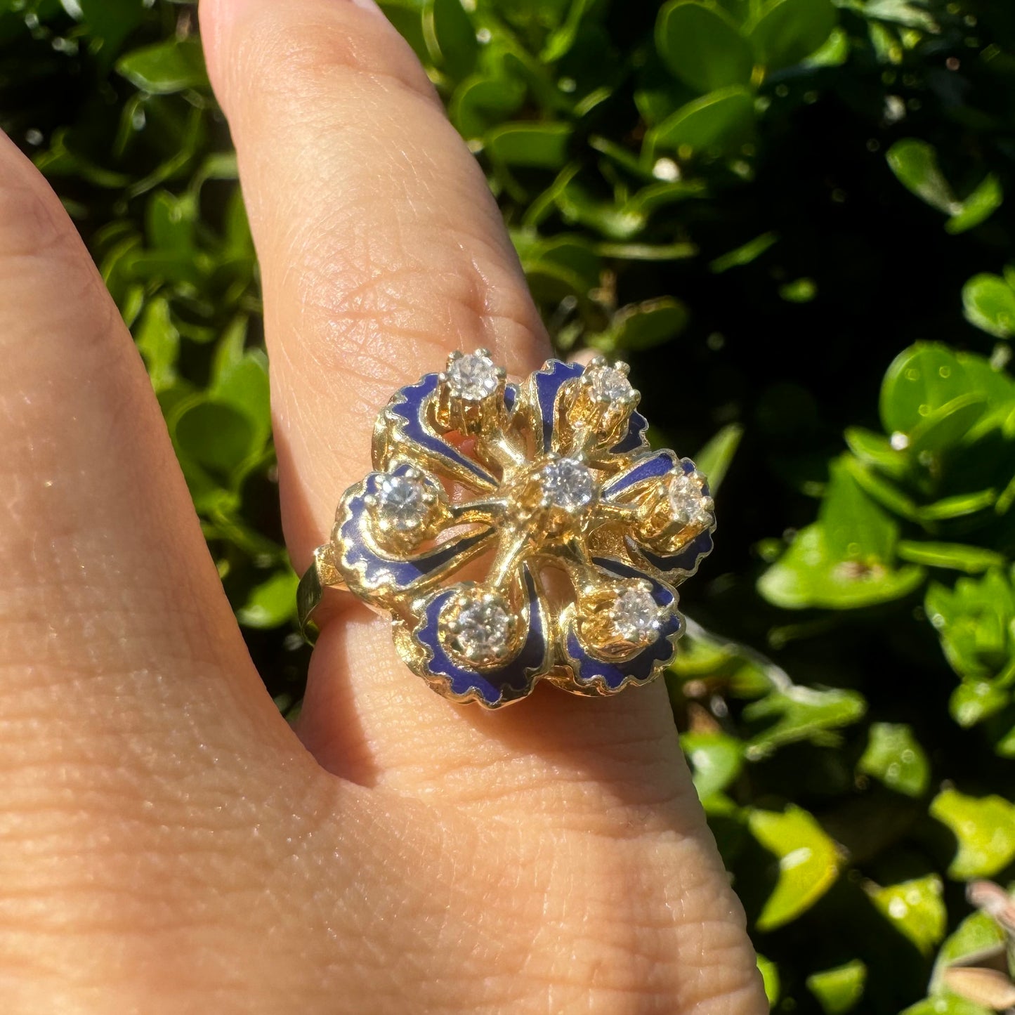 14K gold ring set with Diamonds & Blue Enamel