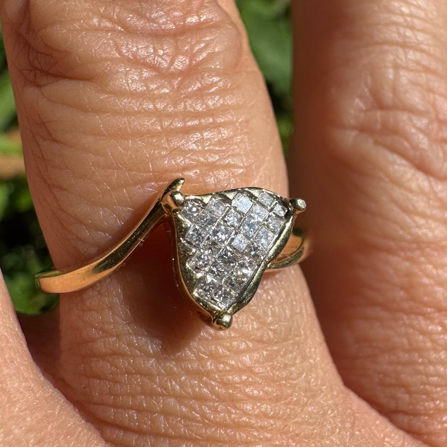 14K gold ring set with a unique triangular centerpiece, pavé-set with sparkling Diamonds
