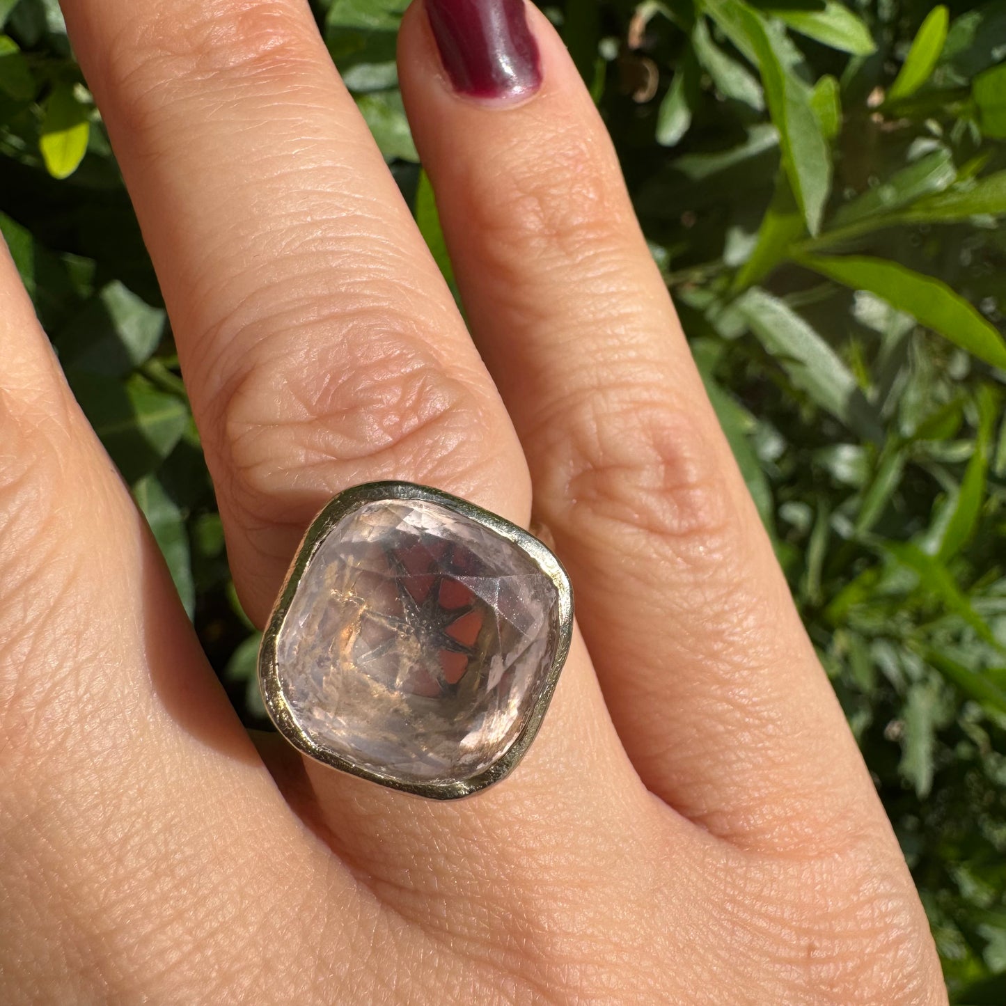 18K gold H.Stern ring set with a translucent Rose Quartz in a flat, cushion-style cut