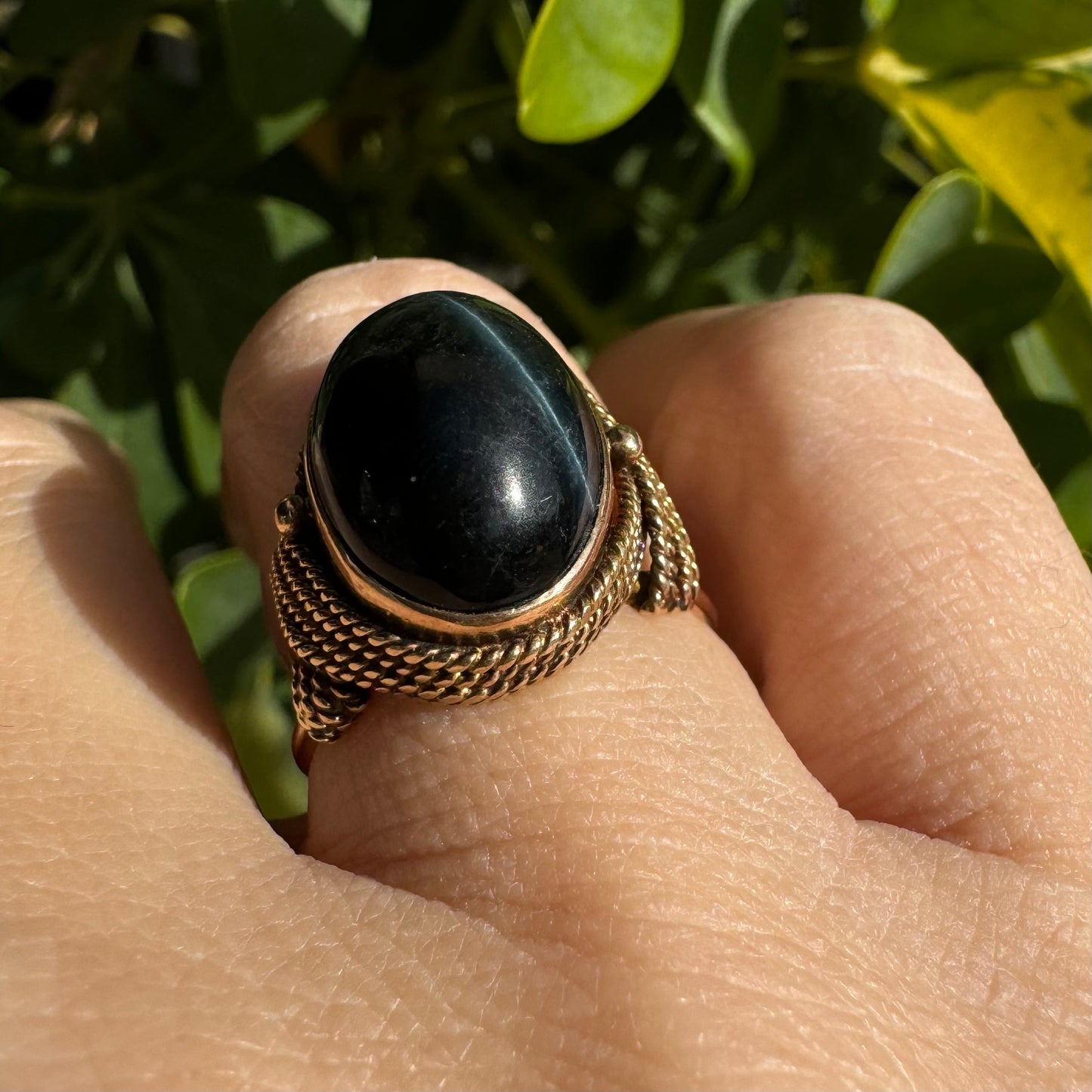 14K gold ring set with Black Jade
