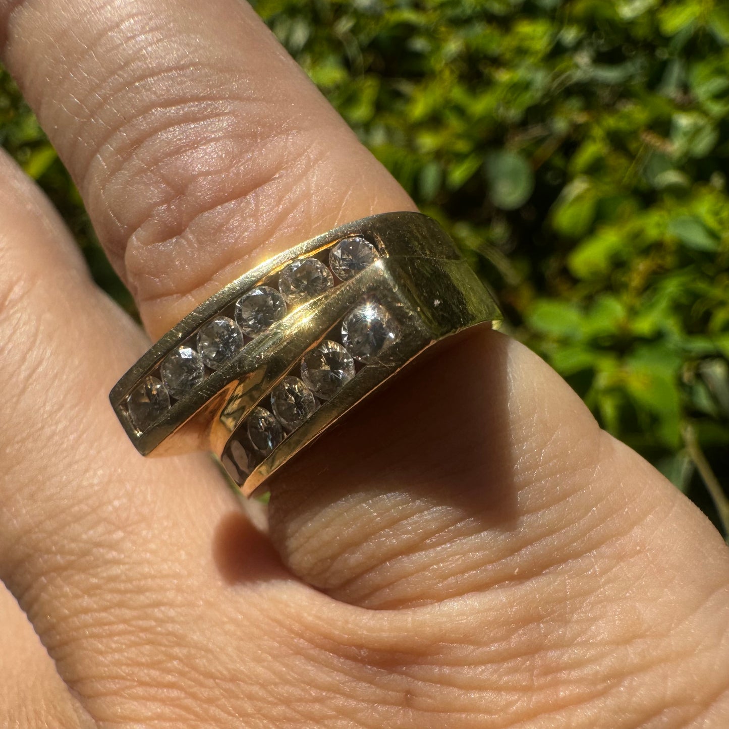 14K gold ring set with two parallel Diamond-set rows