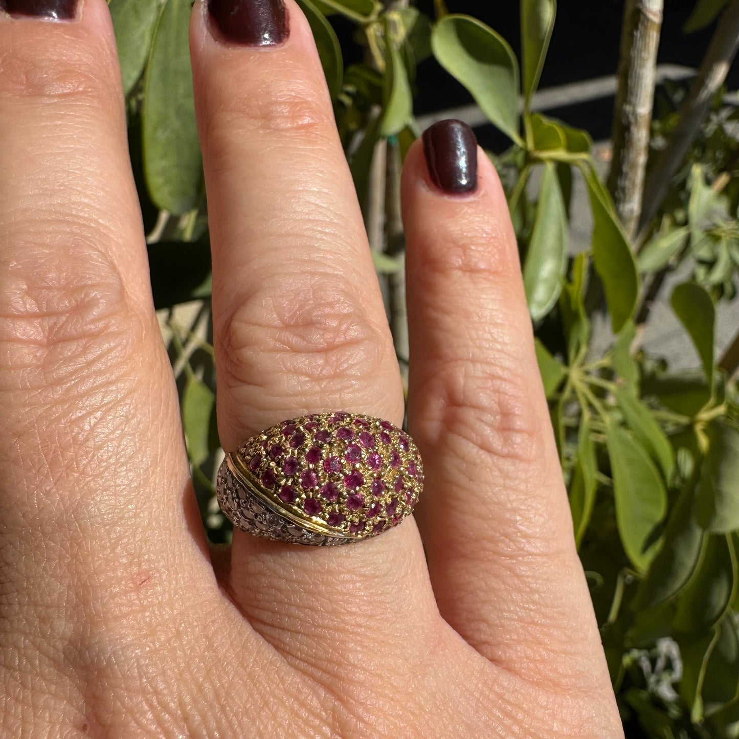 14K gold dome ring pavé-set with Diamonds and vivid Rubies in a striking two-tone design