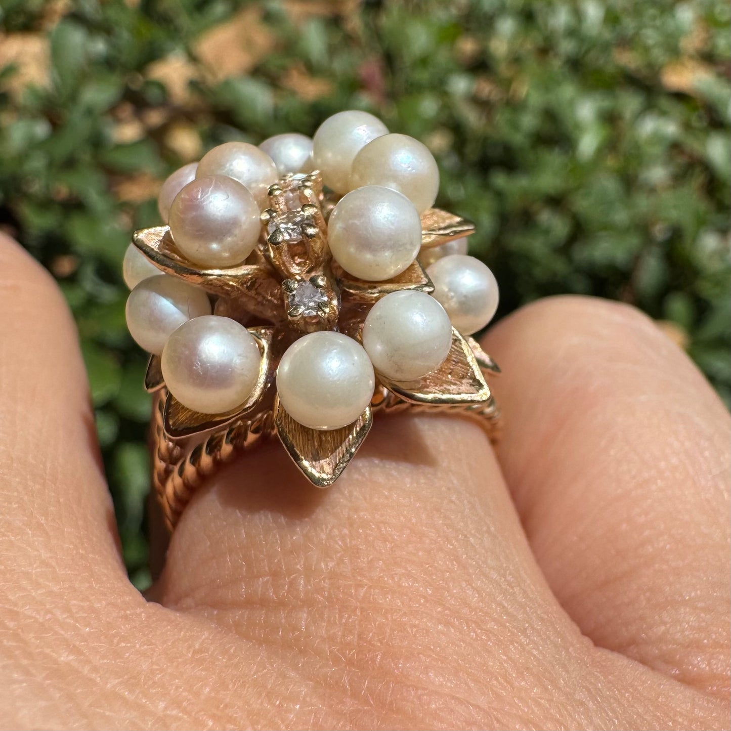 14K gold cocktail ring set with Pearls and Diamonds