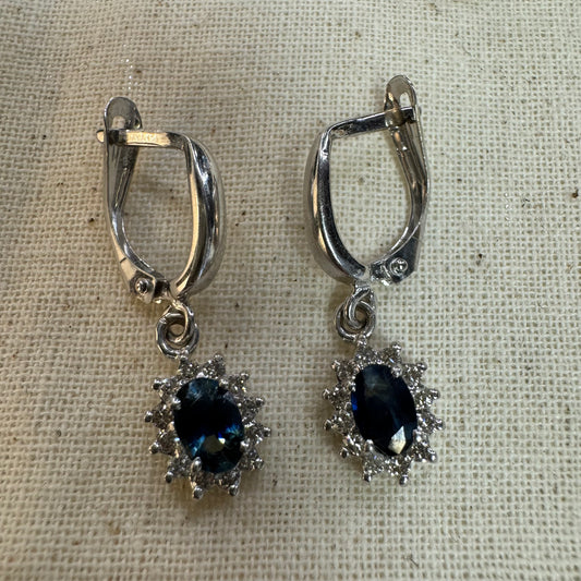 14K gold Drop Earrings set with Sapphire & Diamonds